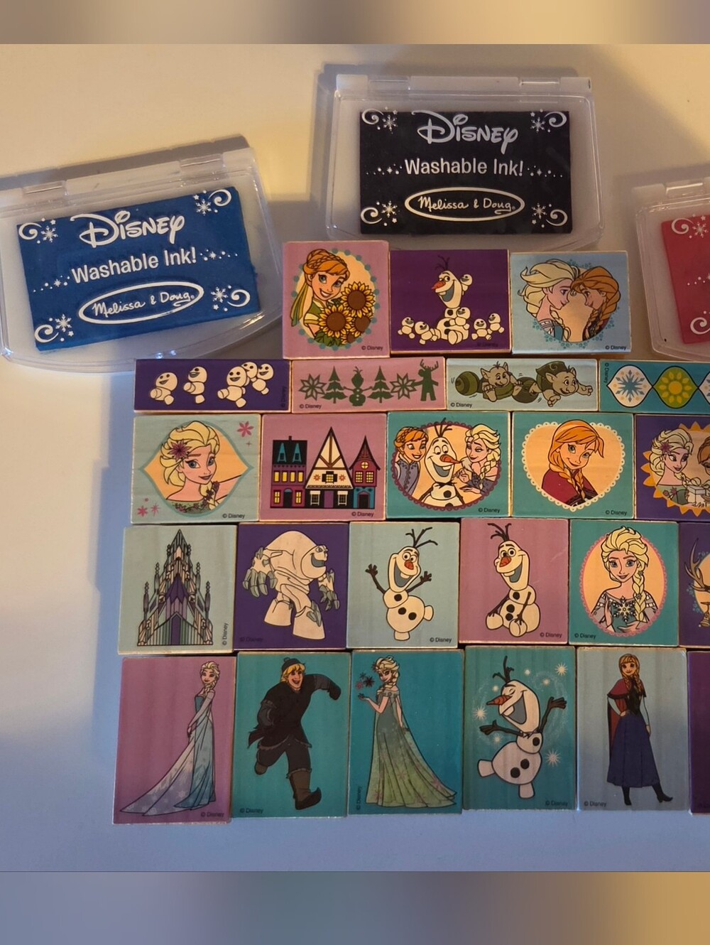Melissa & Doug Disney Frozen 28 Stamps and Washable Ink Set - Blue, Purple, Pink